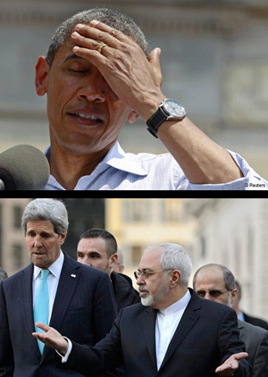 اوباما (بالا) ، جواد ظریف و جان کری وزرای امور خارجه ایران و آمریکا در تلاش برای رسیدن به توافق
