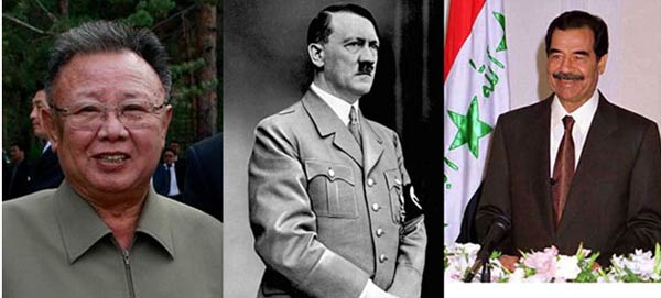 از راست: صدام حسین، آدولف هیتلر، کیم جونگ ایل